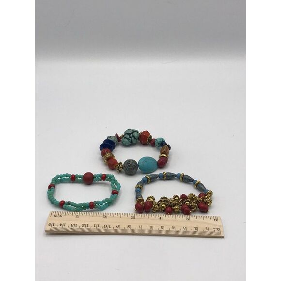 Boho Ethnic Tribal faux blue,red,turquoise browns,gold tone set of 3 - Picture 2 of 3
